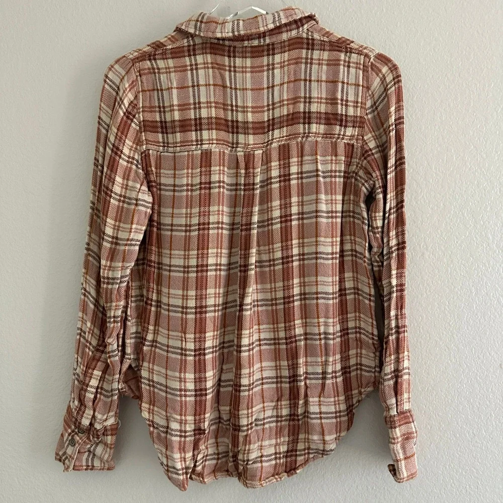Free People Plaid Button Up Shirt Womens Small Pink Cream Orange Long Sleeve